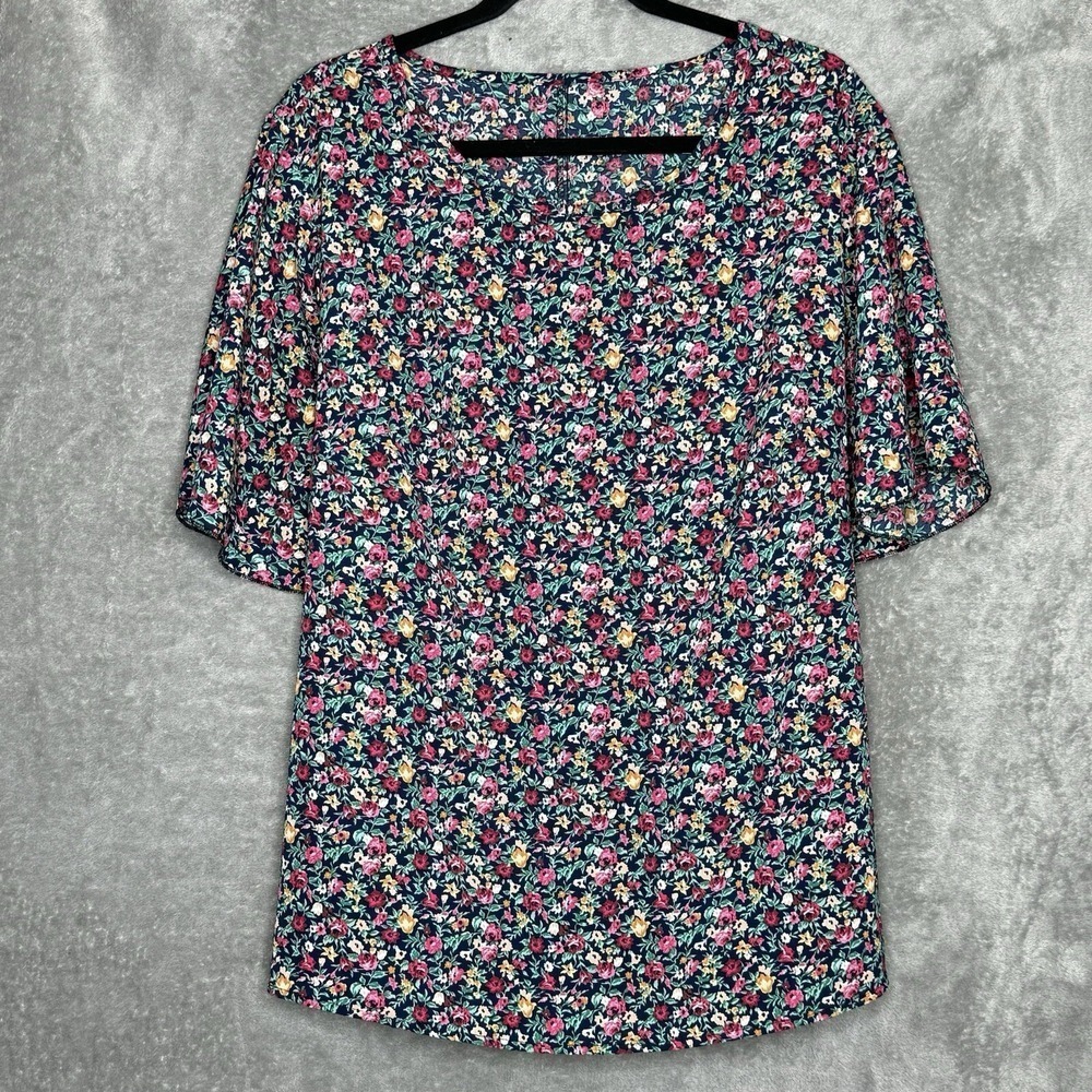 Shein Top Blouse Womens 2X Navy Blue Pink Floral Flutter Short Sleeve Round Neck